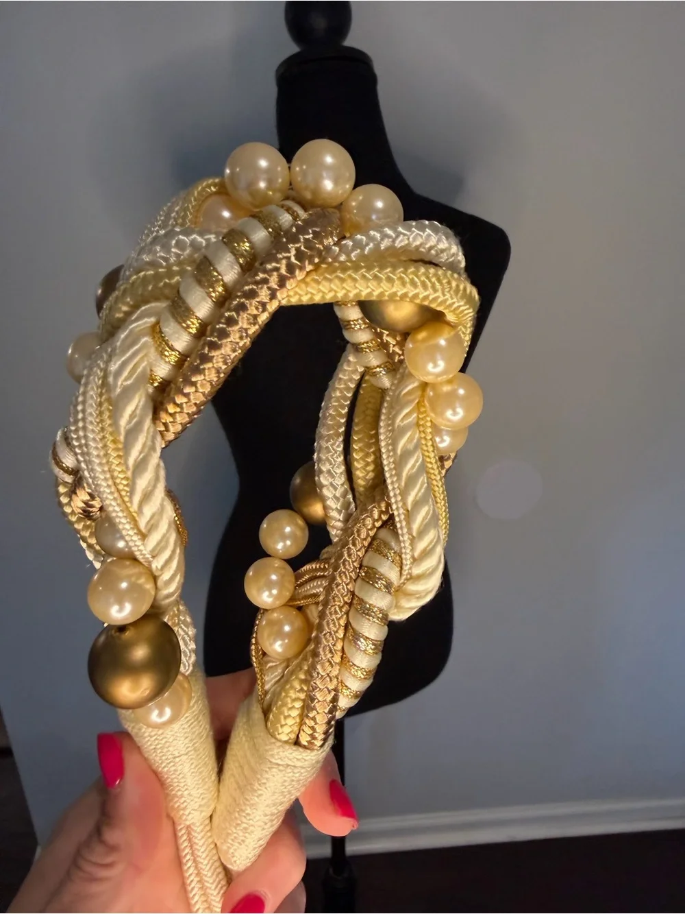 Vintage Braided Rope Belt Womens Ivory Pearl Beads Gold Accents Statement Hook